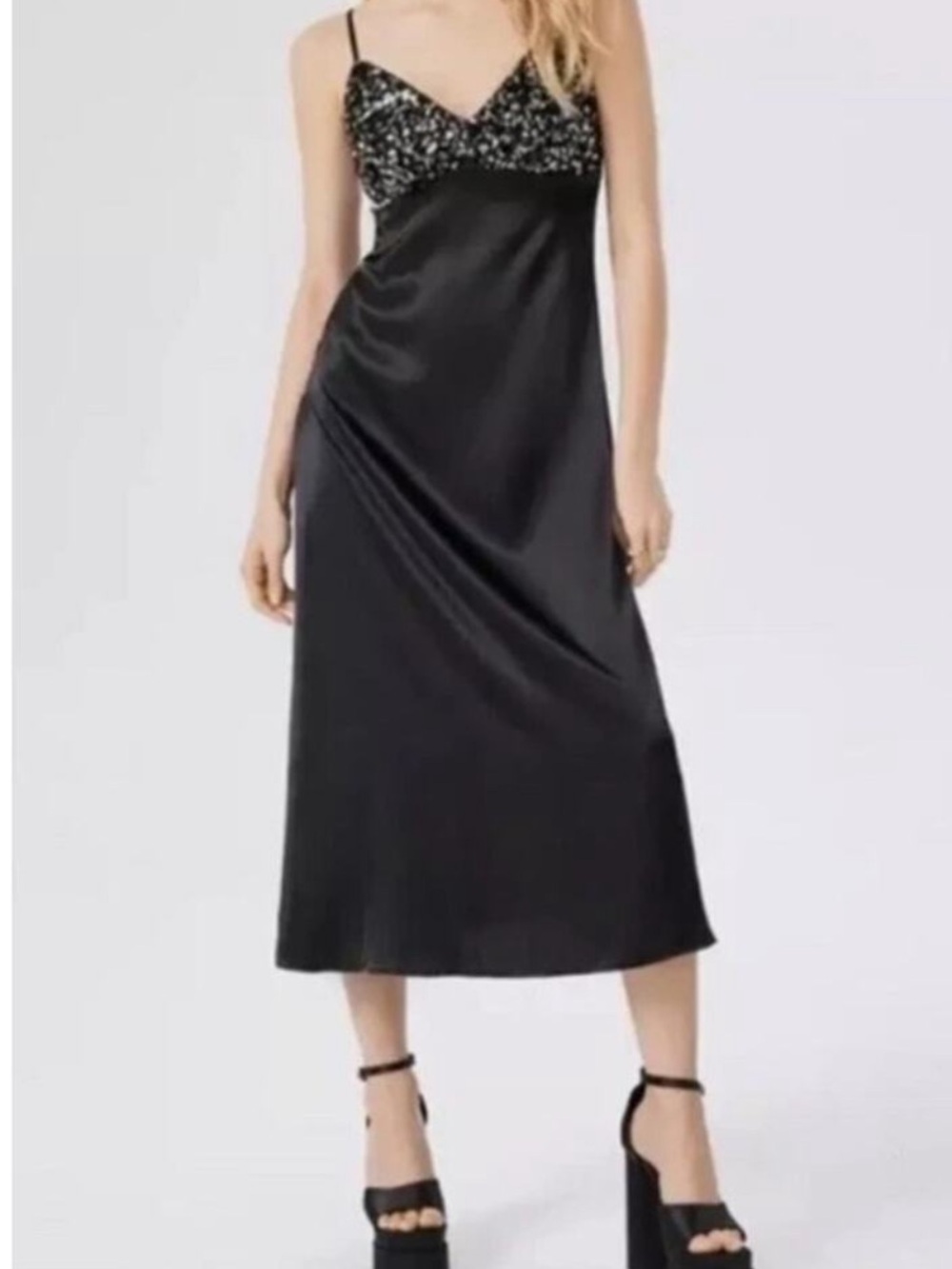 NWT’s House of Harlow 1960 Black Satin Midi Slip Skirt with Embellished Bodice